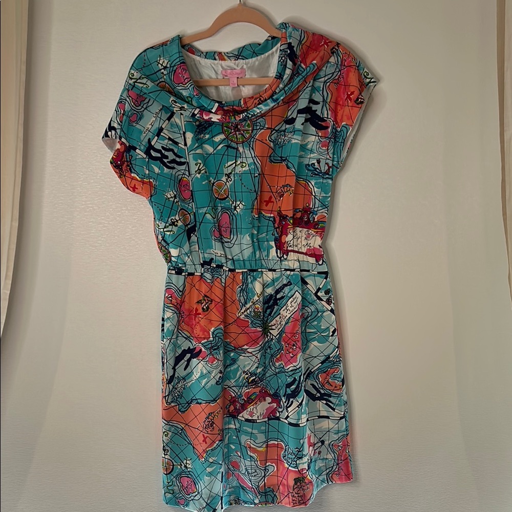 Lilly Pulitzer SILK Sundress X marks the Spot Cowl Neck Dolman Sleeves small